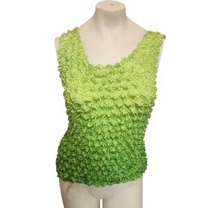 Green Crinkle Stretch Tank Top Womens Textured Sleeveless Popcorn Blouse